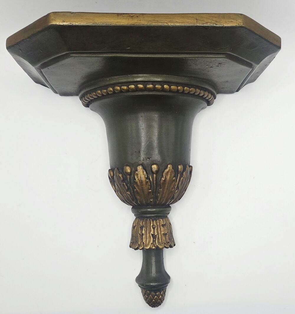 Vtg Plaster Wall Sconce Shelf Corbel Bracket Hollywood Regency Dark Green Gold